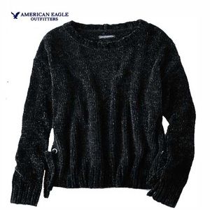 Black Chenille cozy sweater with side tie